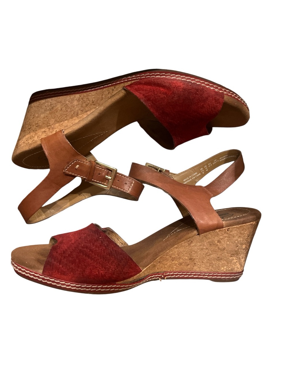 Clarks Red Suede & Brown Leather Cork Wedge Sandals